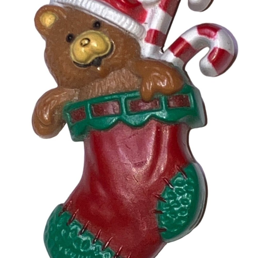Hallmark Christmas Lapel Pin VINTAGE Stocking Teddy Bear Candy Canes Brooch 1985